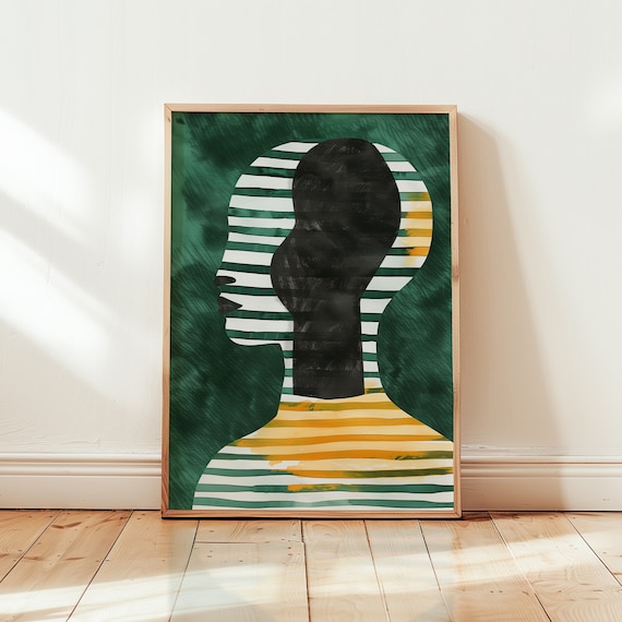 Abstract Profile Silhouette Emerald Green Striped Contemporary Art Poster