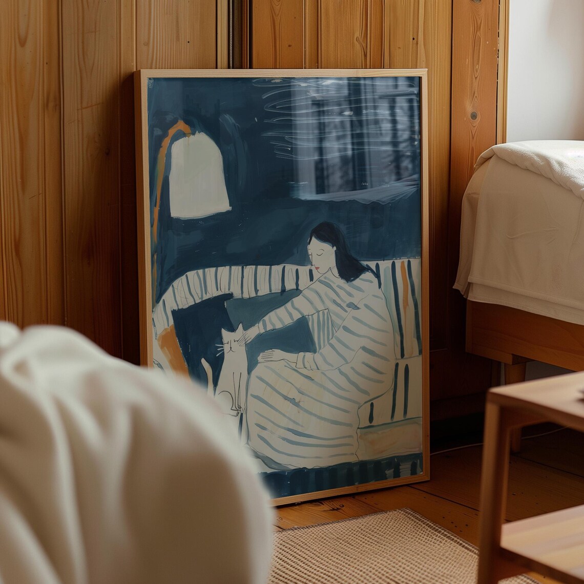 Woman Petting Cat on Striped Couch Cozy Blue Night Illustration Poster - Image 4