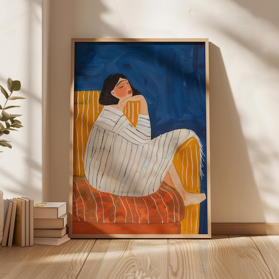 Woman Reclining Striped Dress Couch Deep Blue Orange Modern Art Poster