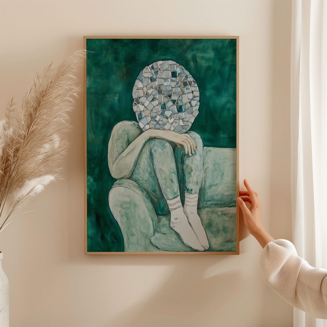 Surreal Mosaic Face Art Print Abstract Seated Figure Painting Reflective Self Discovery Artwork Green And Neutral Home Decor - Image 4