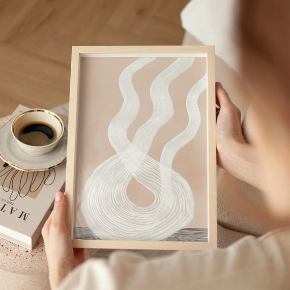Abstract Line Art Print Minimalist Beige And White Wall Decor Modern Wavy Design Neutral Home Decor Organic Shapes