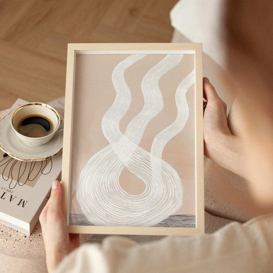 Abstract White Wavy Lines Beige Minimalist Modern Line Art Poster