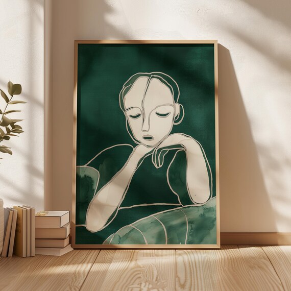 Minimalist Contemplative Portrait Abstract Thoughtful Figure Art Calm Introspection Illustration Neutral Line Art Dark Green Background