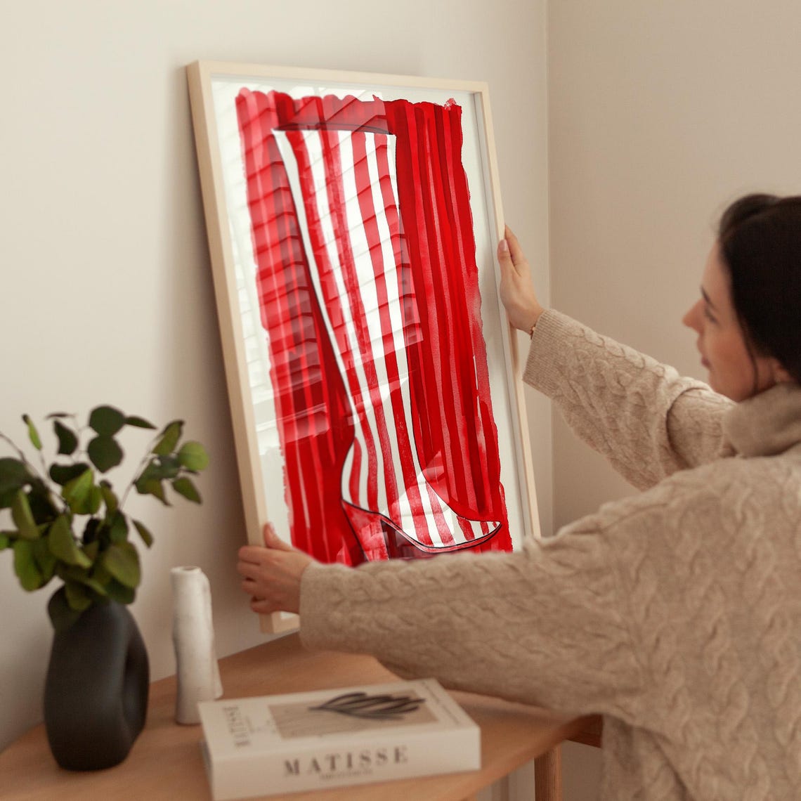 Red and White Striped Boot Fashion Illustration Bold Wall Art - Image 2