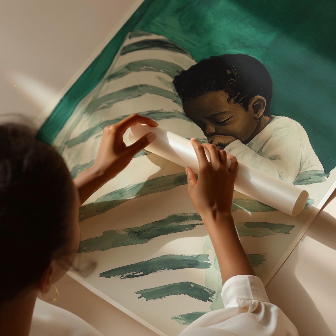 Peaceful Sleeping Child Striped Blanket Teal Nursery Wall Art - Image 2