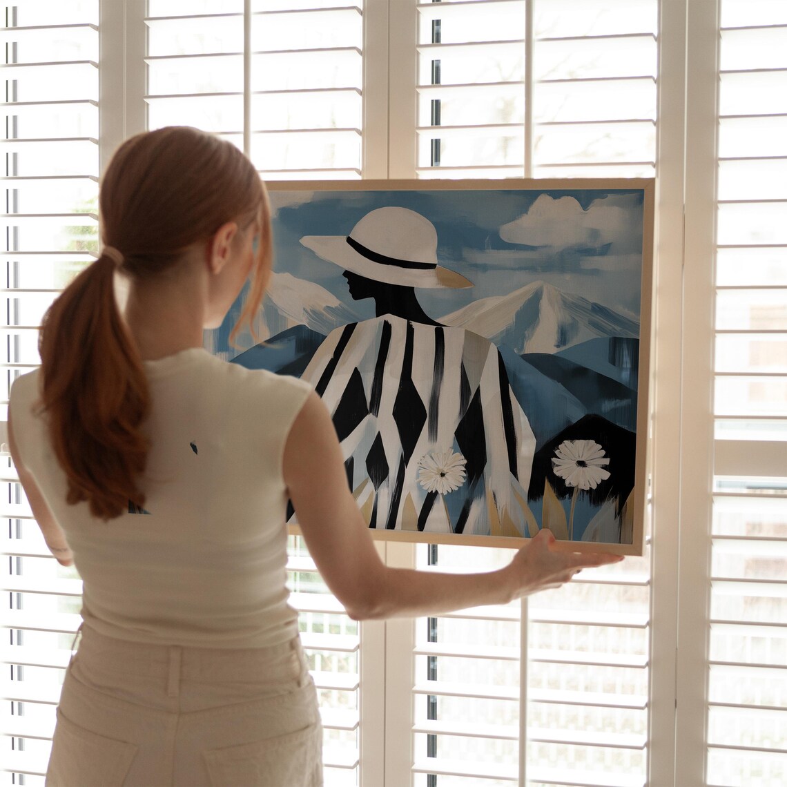 Minimalist Woman Mountain Poster, Floral Hat - Image 4