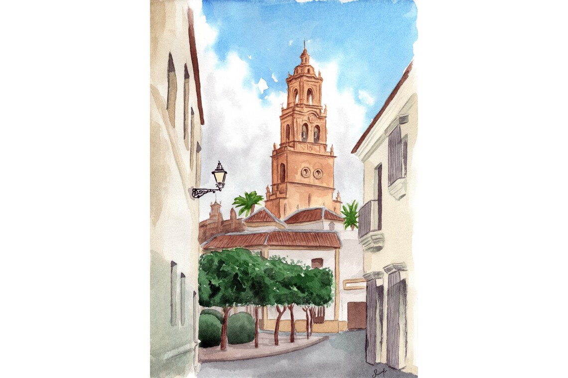 Spain Bell Tower Sunlit Old Town Street Watercolor Painting Poster