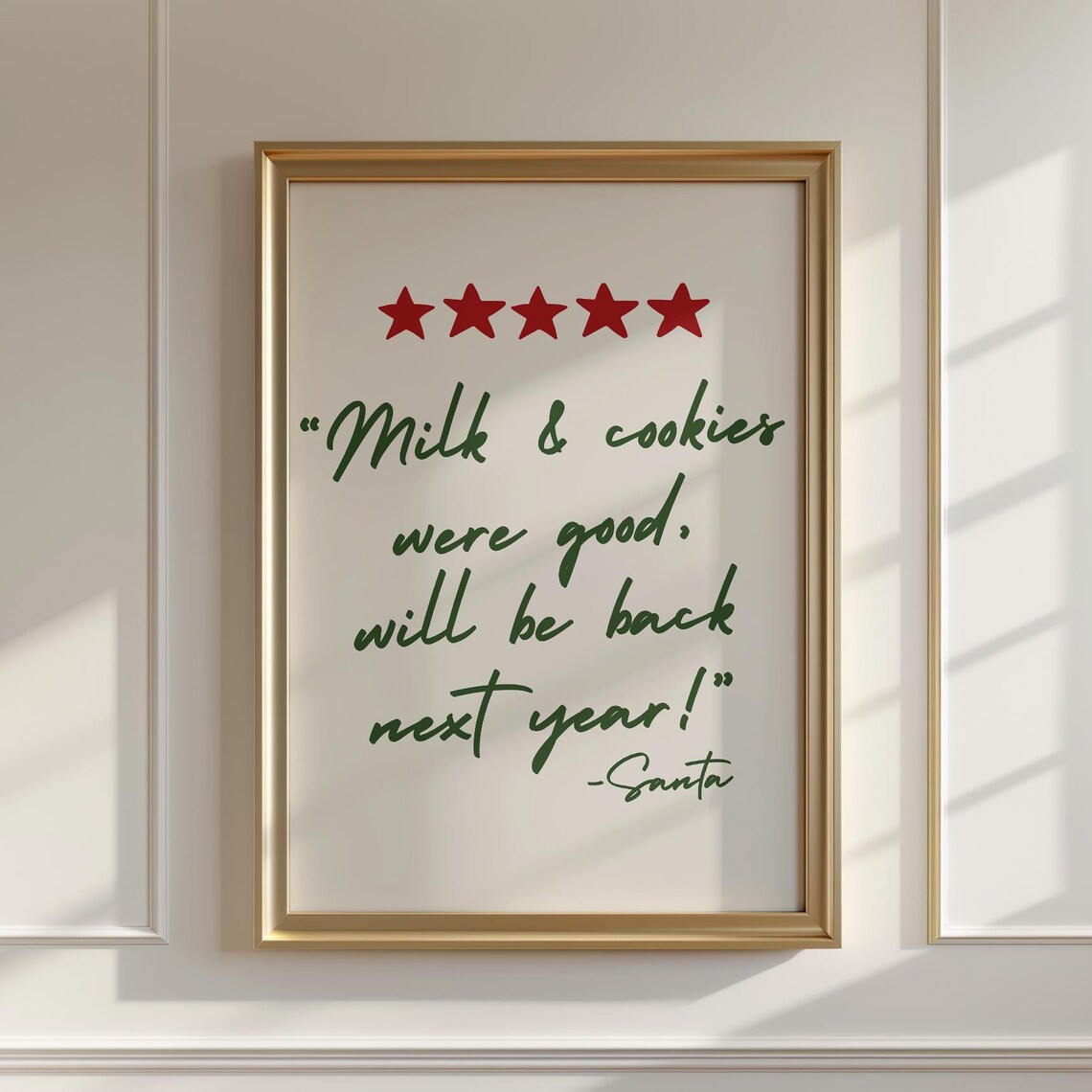 Santa Five Star Cookies Review Green Calligraphy Funny Christmas Poster
