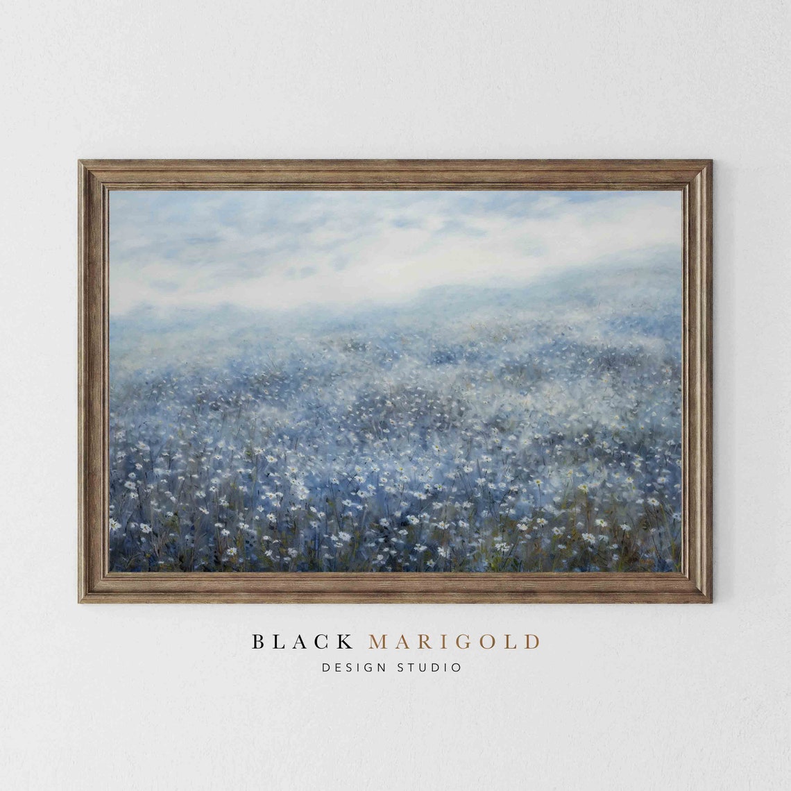 Blue Mist Wildflower Field Under Soft Cloudy Sky Vintage Poster - Image 2