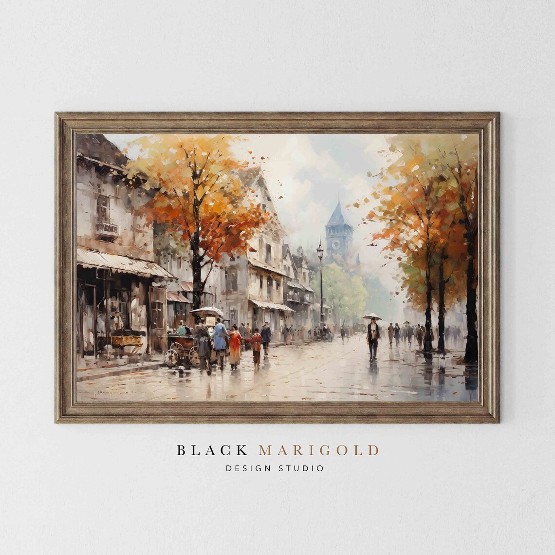 Rainy Autumn Street With Umbrellas and a Church Tower Poster