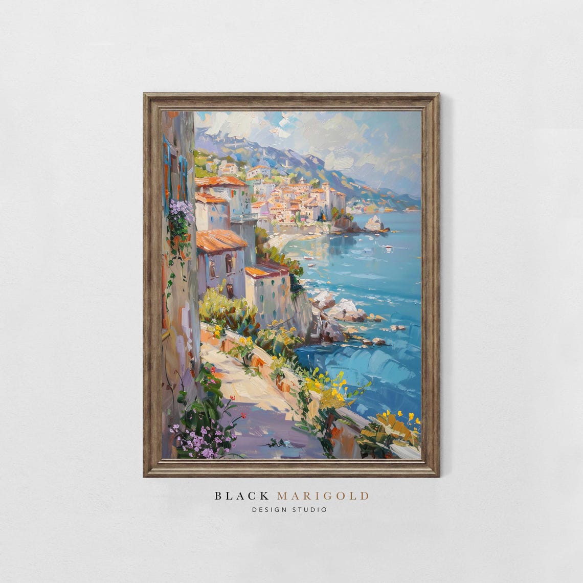 Amalfi Coast Village Overlooking the Sea Impressionist Poster