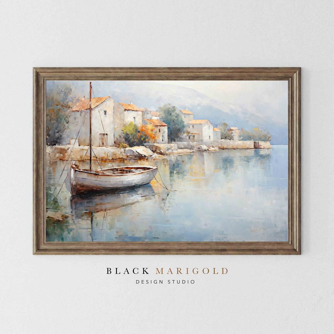 Sailboat Resting on Mirrored Waters Near a Coastal Town Poster