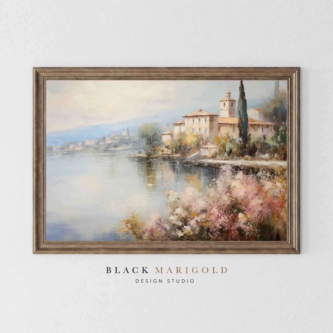 Italian Lakeside Villa With Bell Tower and Pink Blooms Poster - Image 2