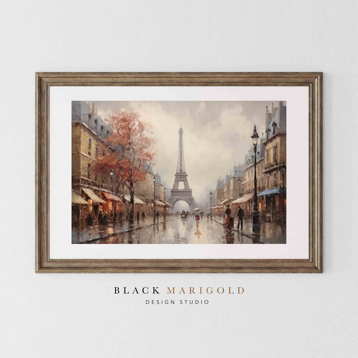 Rainy Paris Street With Eiffel Tower in Vintage Impressionist Poster