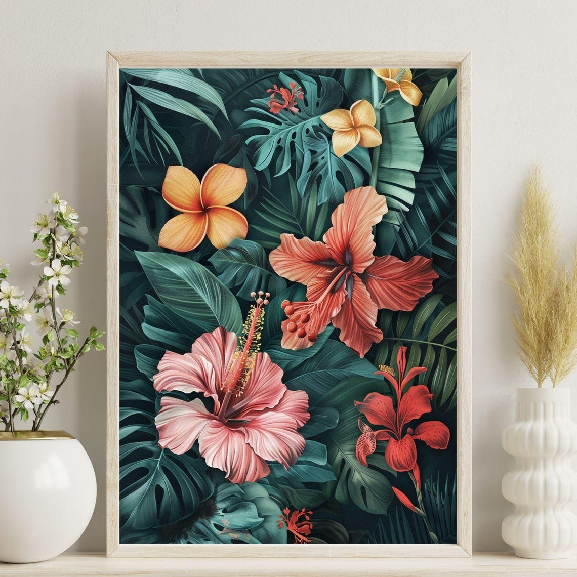 Tropical Hibiscus Jungle Bold Floral Monstera Dark Nature Art Poster
