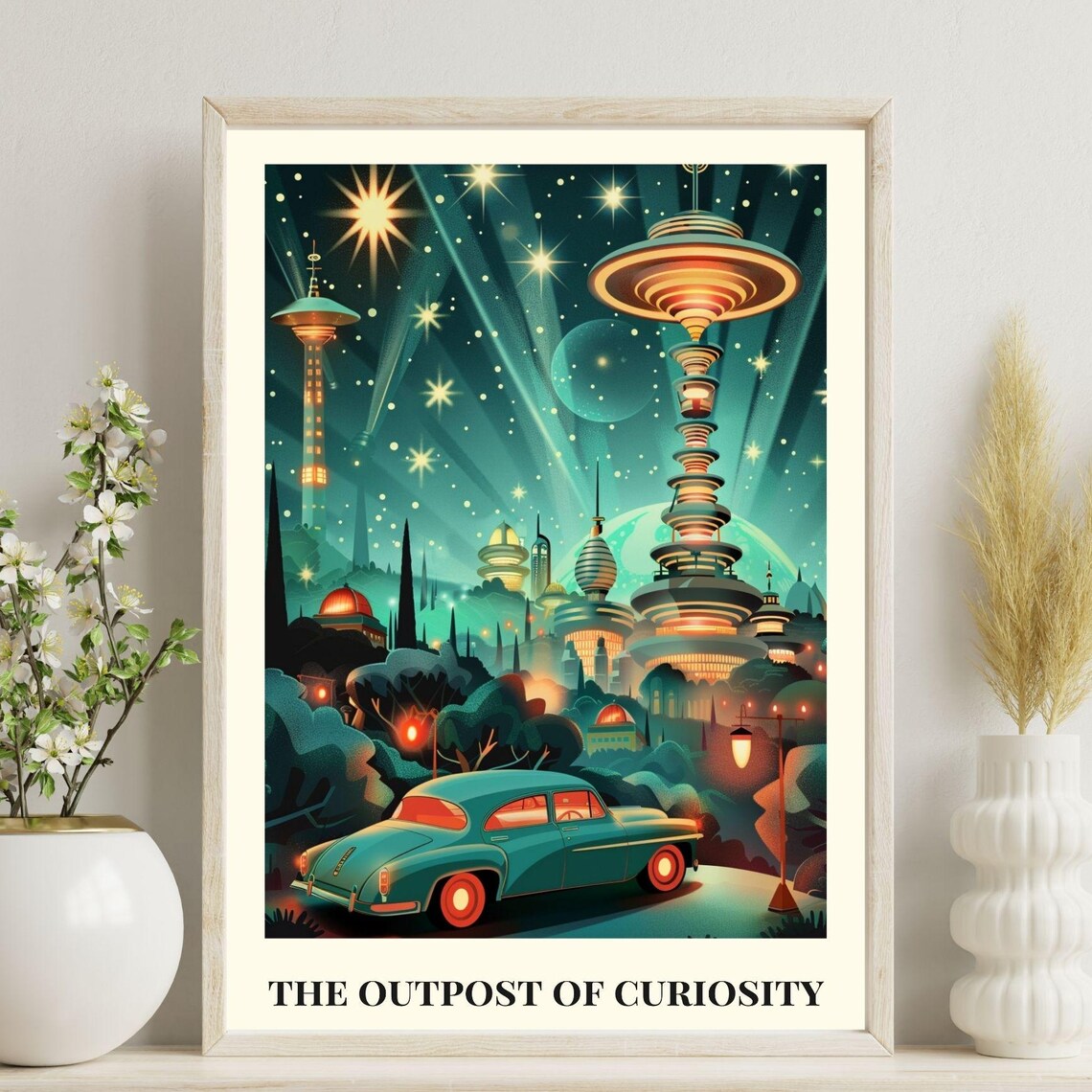 The Outpost Of Curiosity Retro Futuristic Night City Car Poster