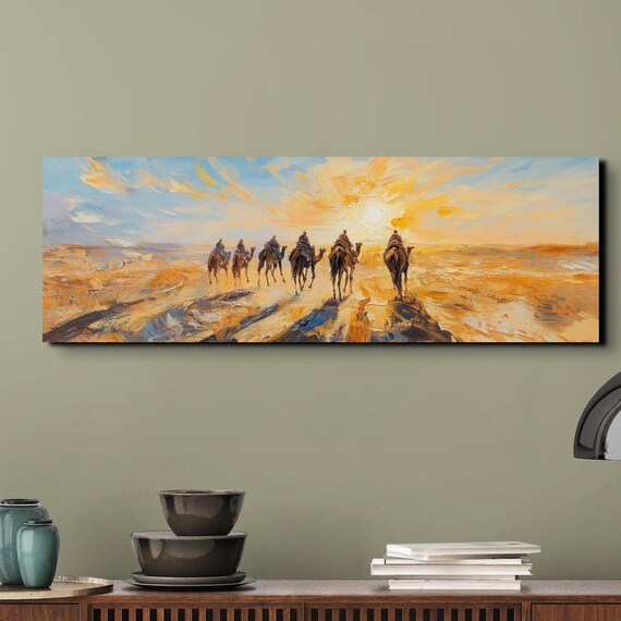 Camels In The Dunes Desert Oil Painting Ready To Hang Panoramic Wall Art Print Large Wall Art Panoramic Wall Art