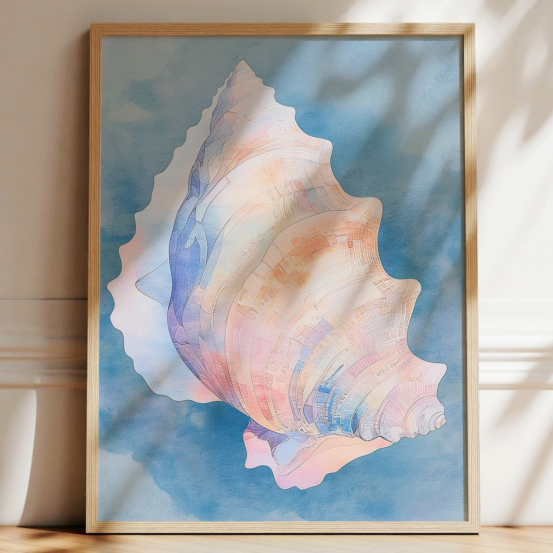 Giant Conch Seashell Watercolor Pastel Blue Coastal Beach Art Poster