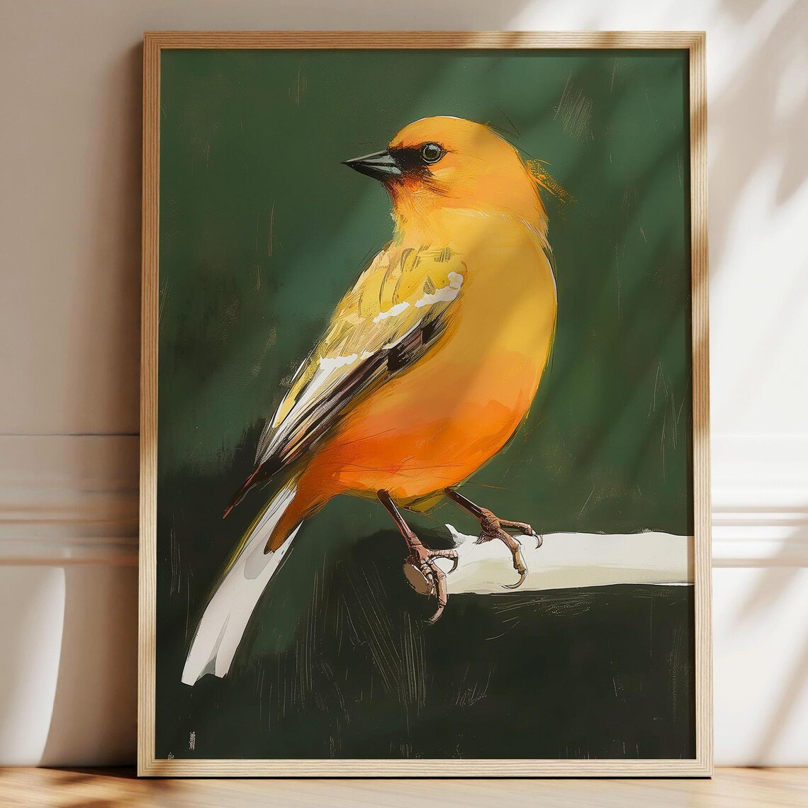 Golden Oriole Songbird Painting Dark Green Vintage Bird Art Poster