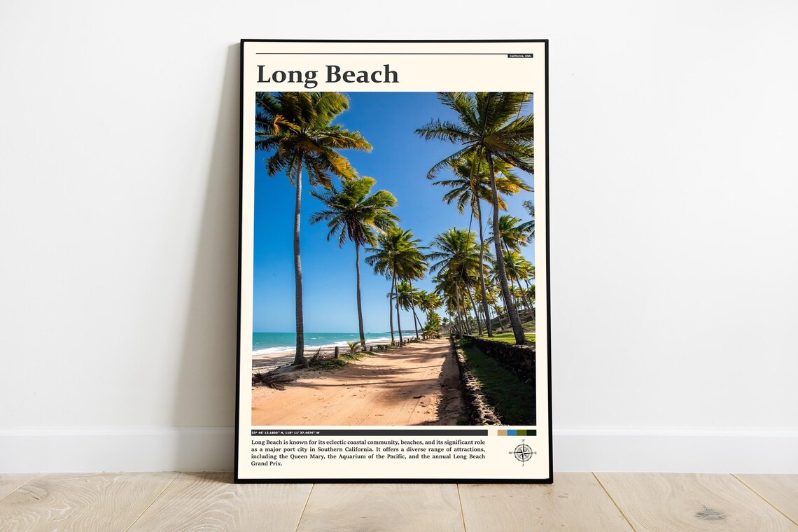 Long Beach Palm Lined Beach Road Scenic California Travel Poster