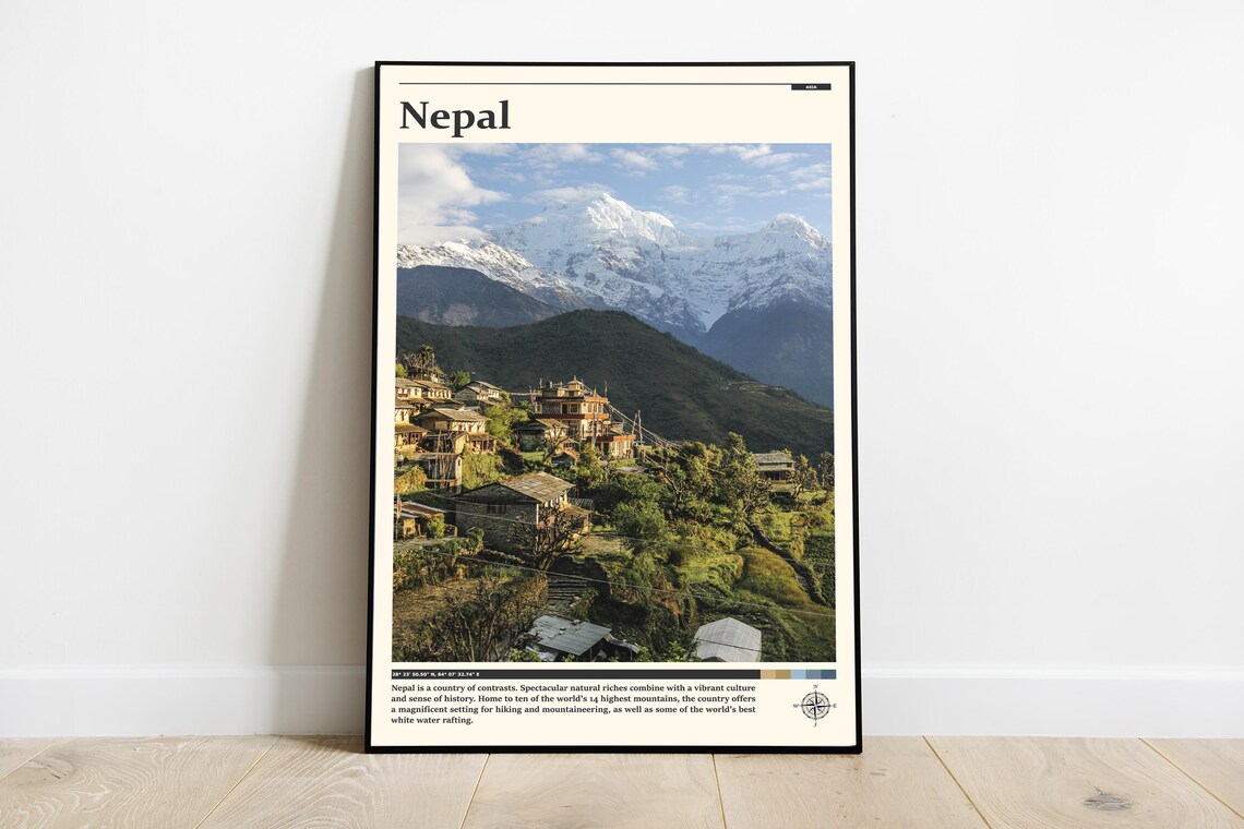 Nepal Himalayan Village Stone Houses Snow Peaks Landscape Poster