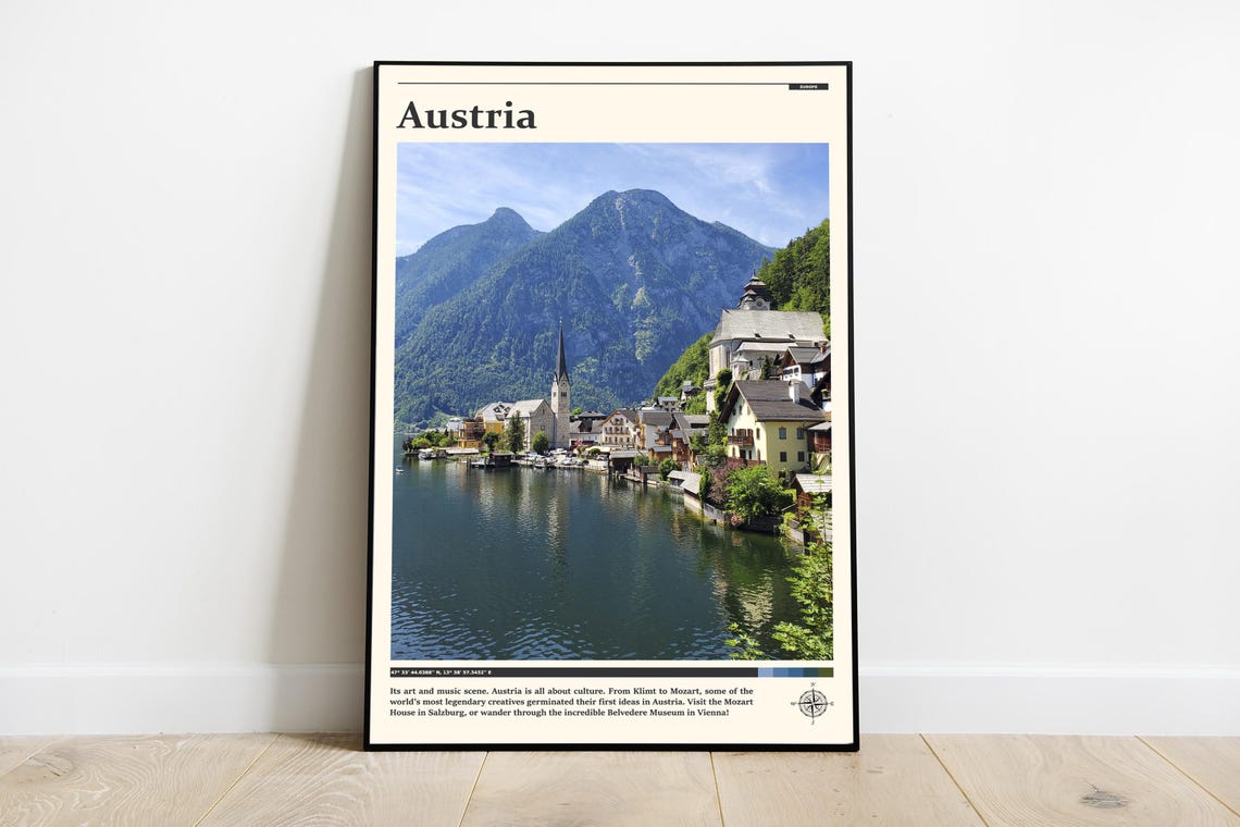 Austria Alpine Lakeside Village Mountain Lake Photography Poster