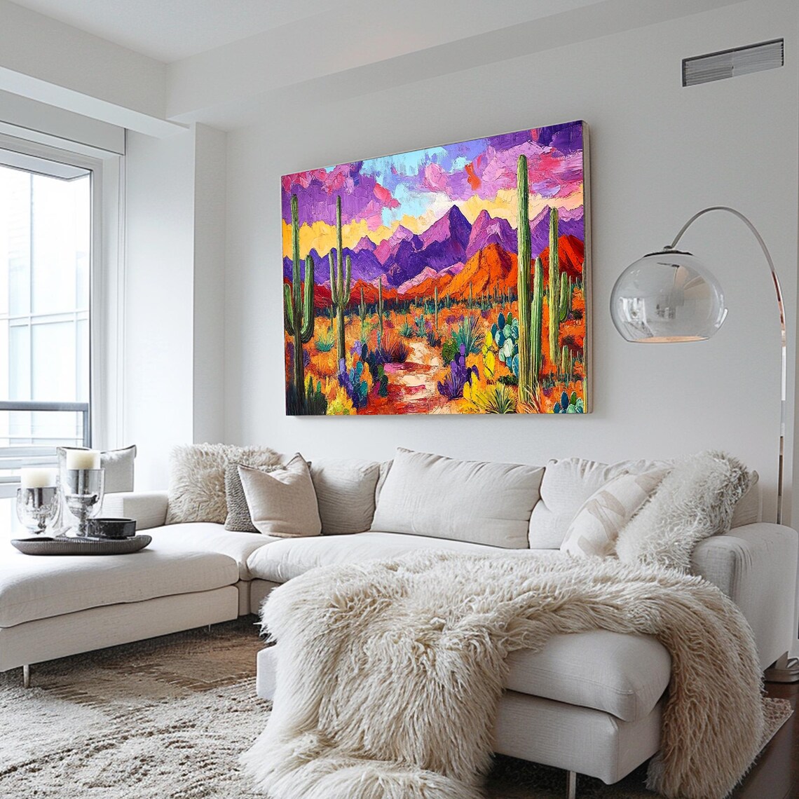 Vibrant Saguaro Desert Purple Mountains Wildflower Impasto Art Poster - Image 3