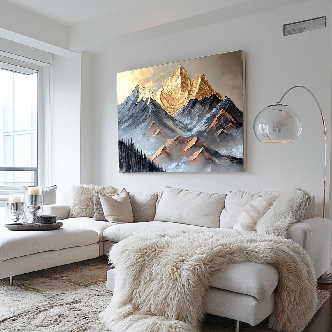 Golden Peak Mountains Misty Forest Ridge Impasto Landscape Art Poster - Image 2