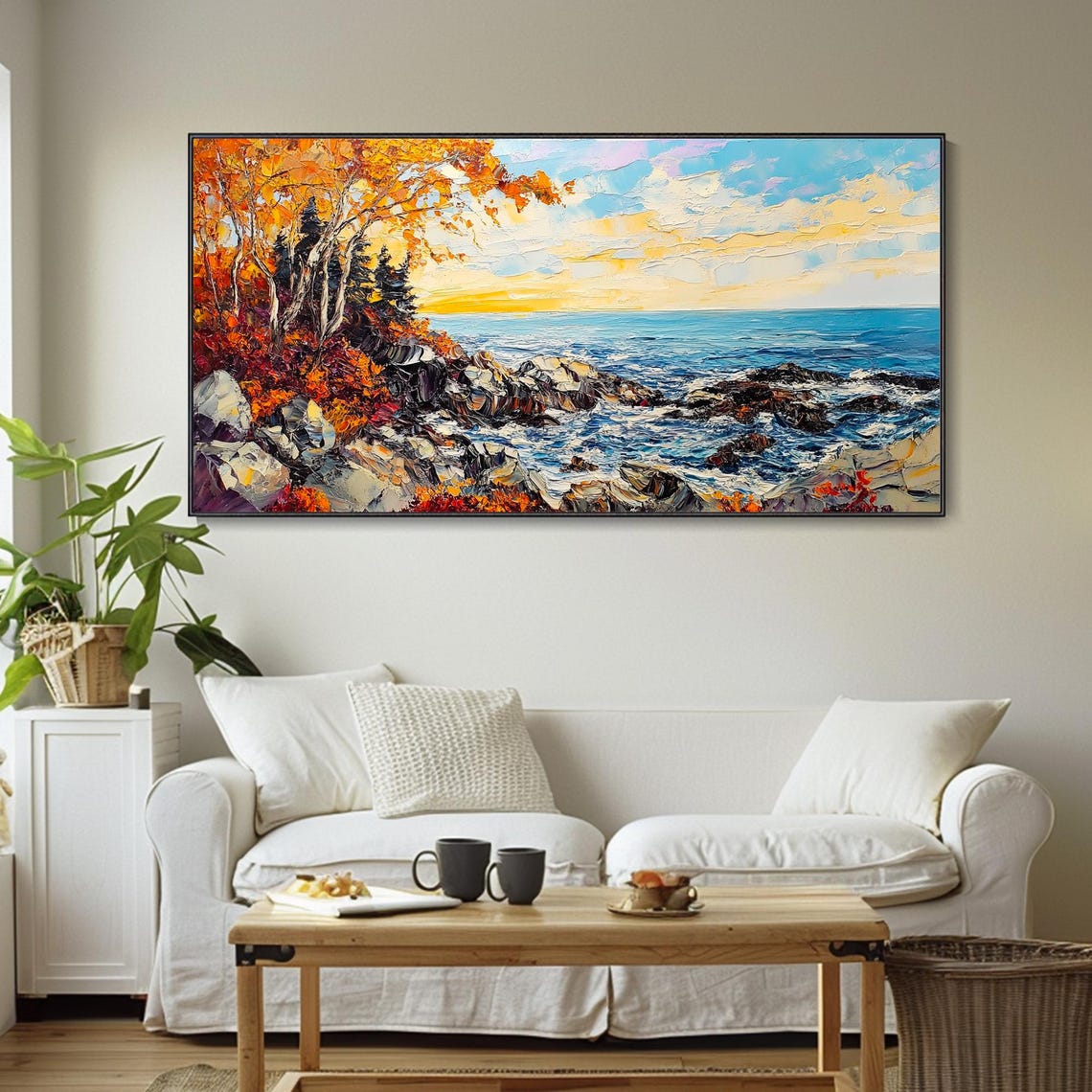 Autumn Rocky Coastline Ocean Sunset Orange Foliage Art Poster - Image 5