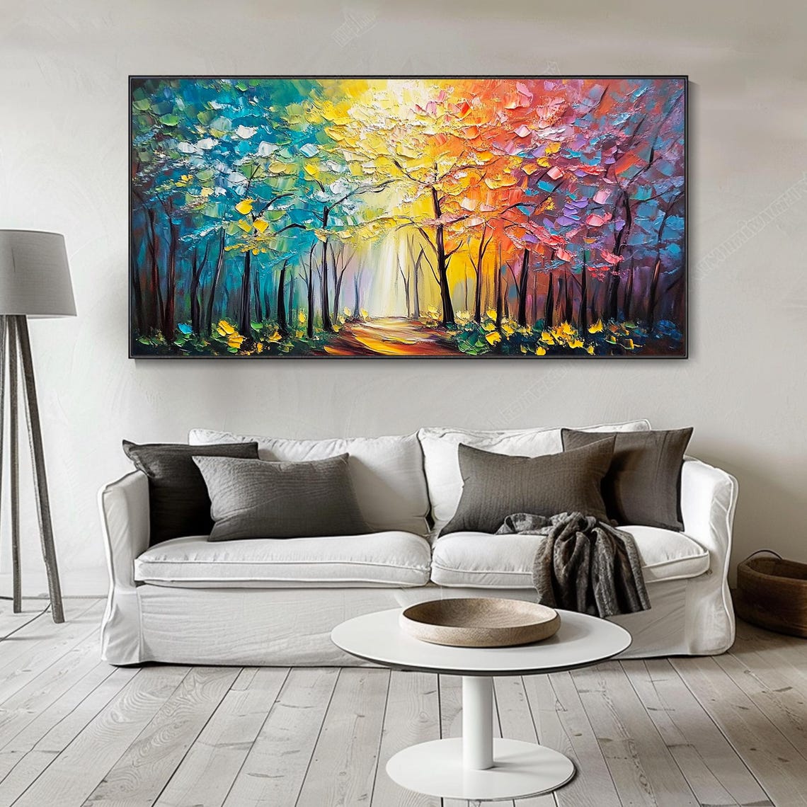 Rainbow Autumn Forest Path Sunlight Canopy Impasto Art Poster - Image 4
