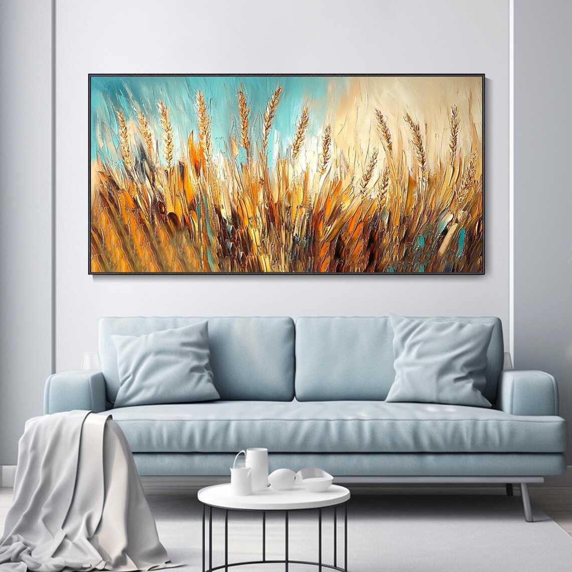 Golden Wheat Field Turquoise Sky Textured Harvest Oil Art Poster - Image 3