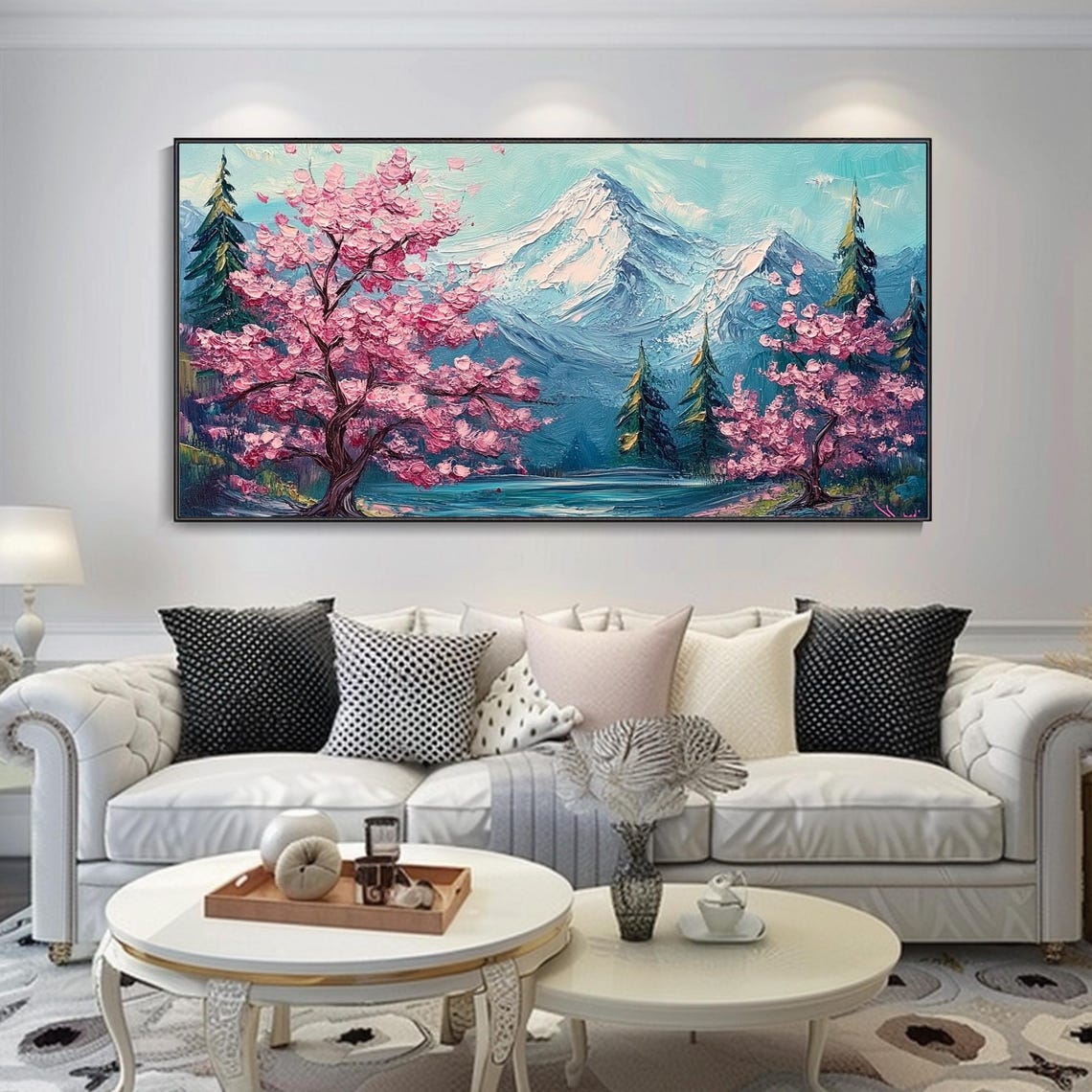 Pink Cherry Blossom Tree Snowy Mountain Lake Landscape Art Poster - Image 2
