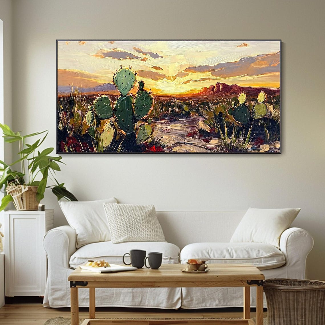 Golden Prickly Pear Cactus Desert Sunset Mesa Impasto Art Poster - Image 4