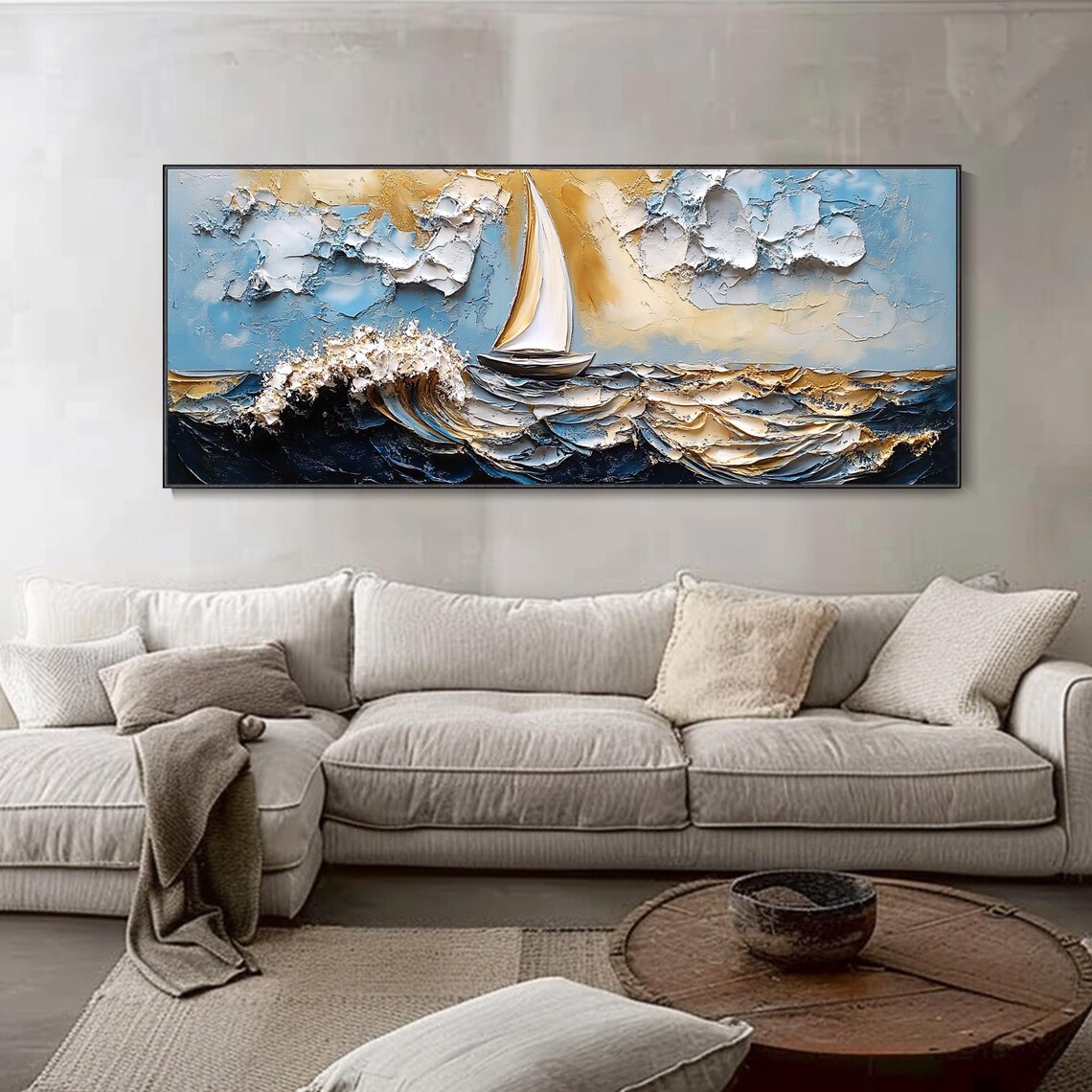 Golden Sailboat Ocean Waves Textured Impasto Seascape Art Poster - Image 4