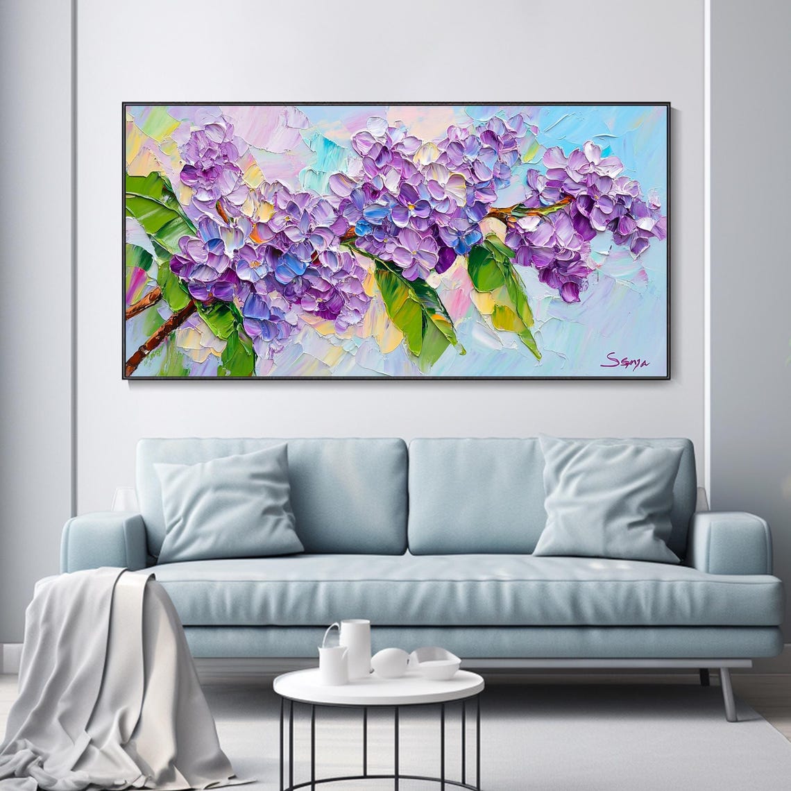 Purple Lilac Branch Blossom Signed Impasto Floral Art Poster - Image 3