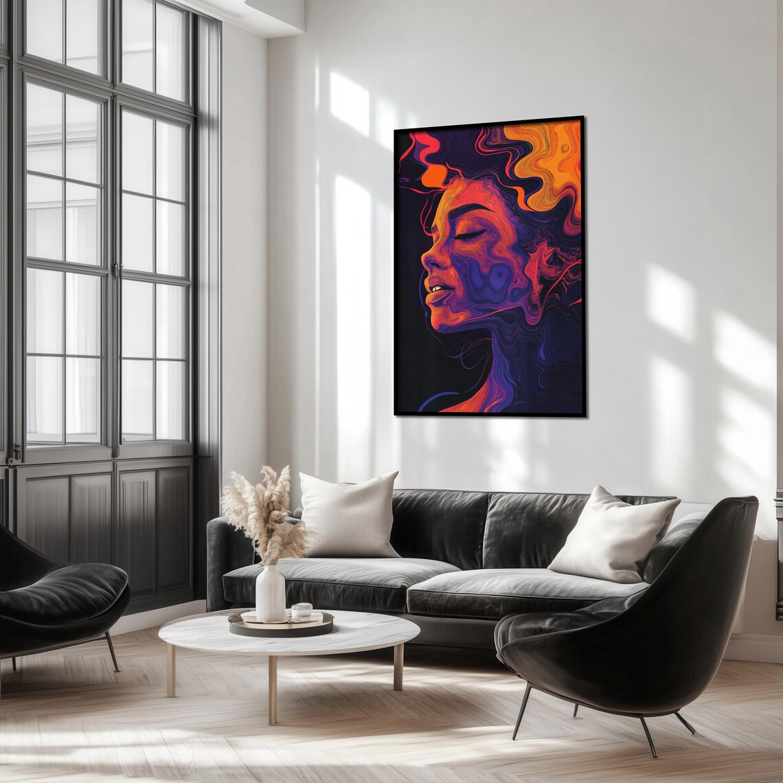 Smiling Woman Psychedelic Neon Swirl Portrait Hyper Detailed Art Poster - Image 3
