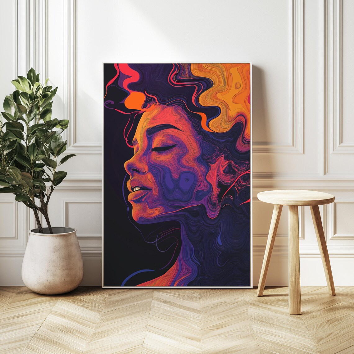 Smiling Woman Psychedelic Neon Swirl Portrait Hyper Detailed Art Poster