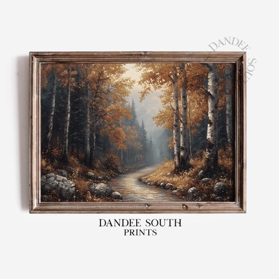 Fall Landscape Painting Autumn Wall Art Vintage Country Road Scene Farmhouse Decor 551