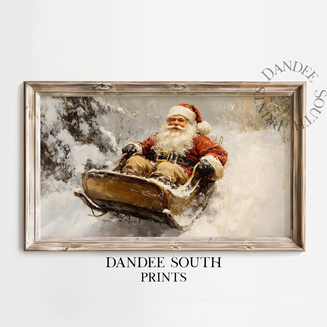 Vintage Santa Claus Riding His Sleigh in Snowy Forest Art Poster