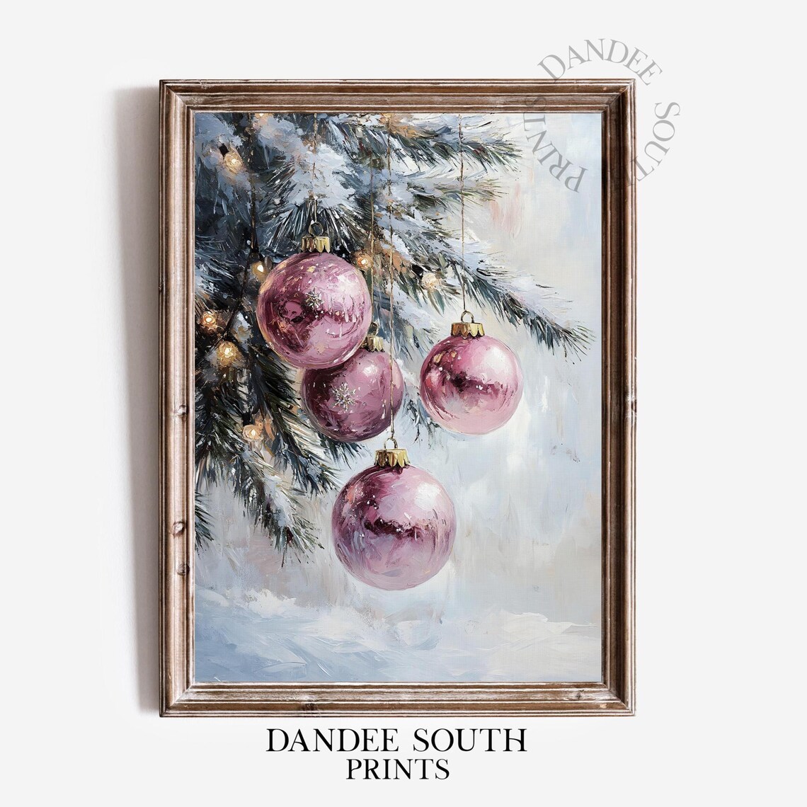 Pink Glass Christmas Ornaments Snowy Pine Vintage Holiday Oil Painting Poster