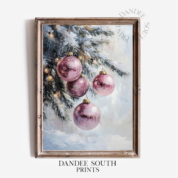 Pink Glass Christmas Ornaments Snowy Pine Vintage Holiday Oil Painting Poster