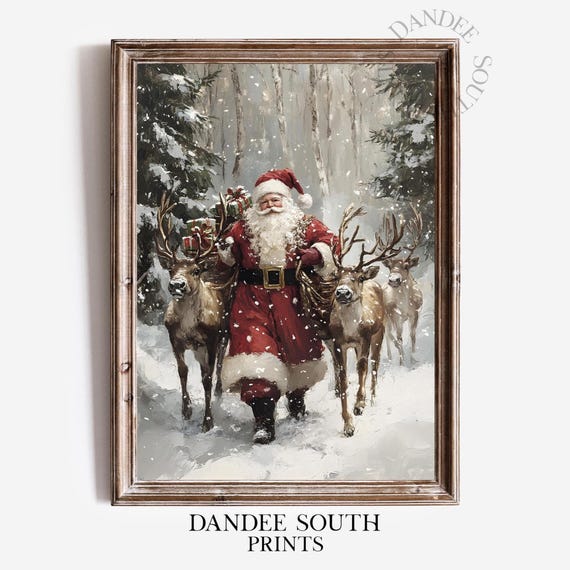Santa With Reindeer, Rustic Christmas Wall Print