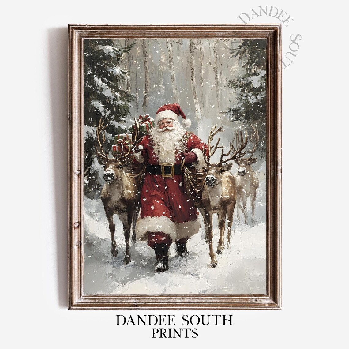 Santa With Reindeer, Rustic Christmas Wall Print
