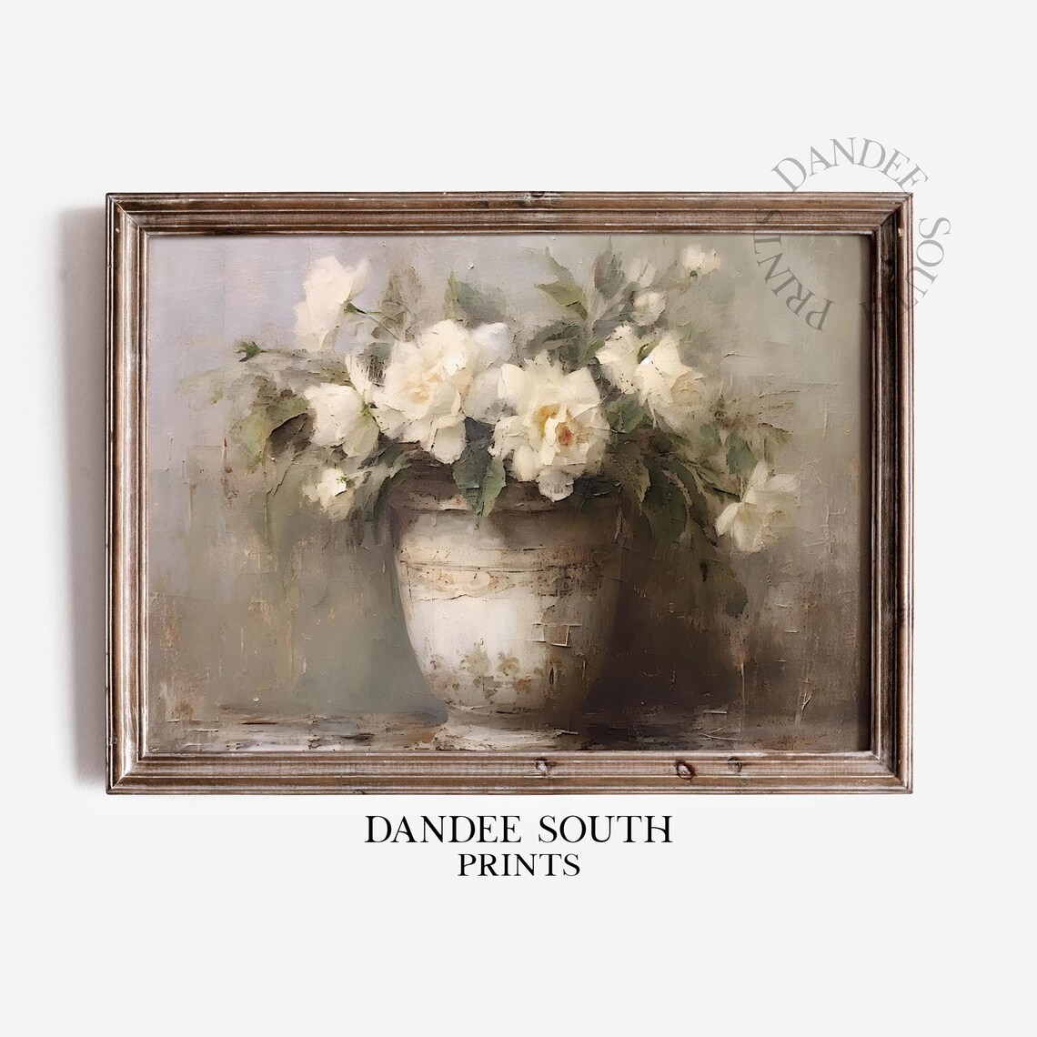 White Roses Vintage Vase Soft Neutral Botanical Floral Painting Poster