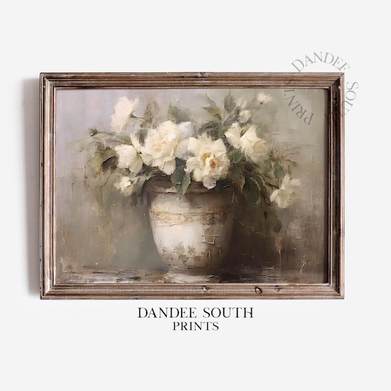 White Roses Vintage Vase Soft Neutral Botanical Floral Painting Poster