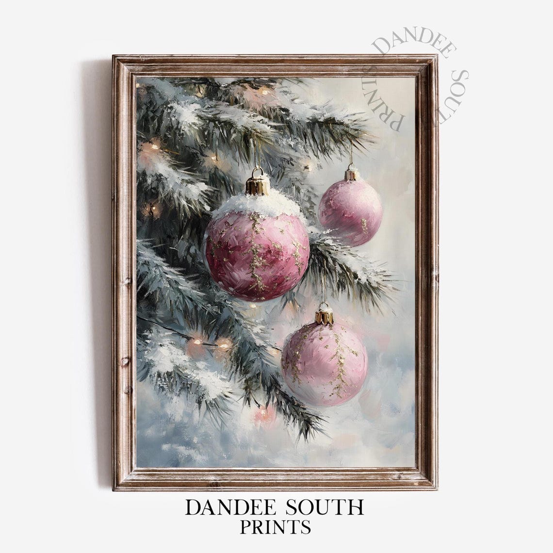 Pink Baubles Gold Flecks Snowy Pine Christmas Painting Poster