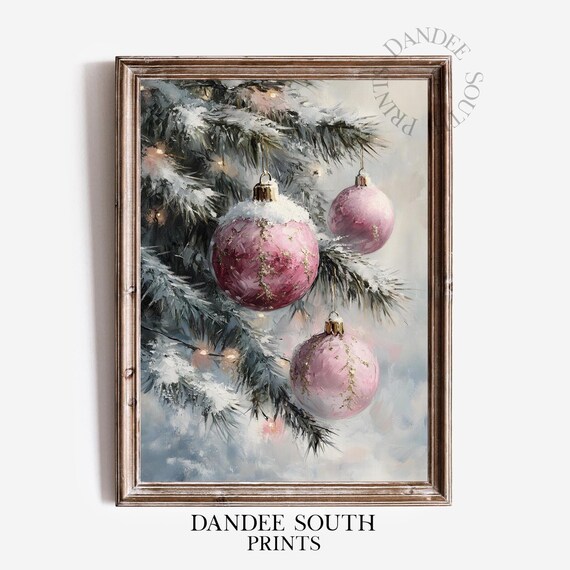 Pink Baubles Gold Flecks Snowy Pine Christmas Painting Poster