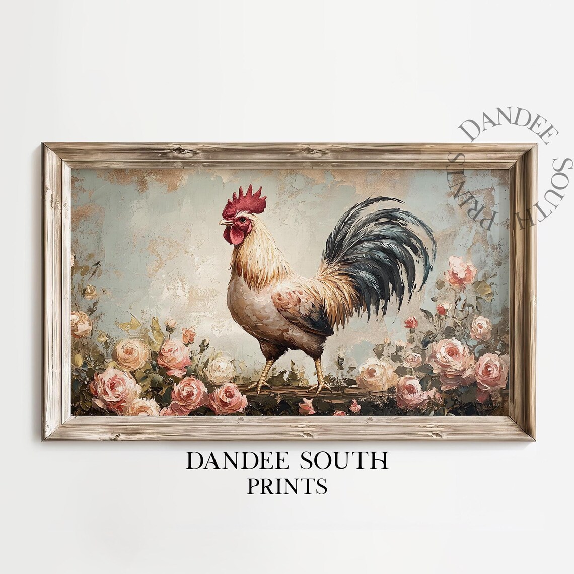 Proud Rooster Surrounded By Pink Roses Vintage Floral Art Poster