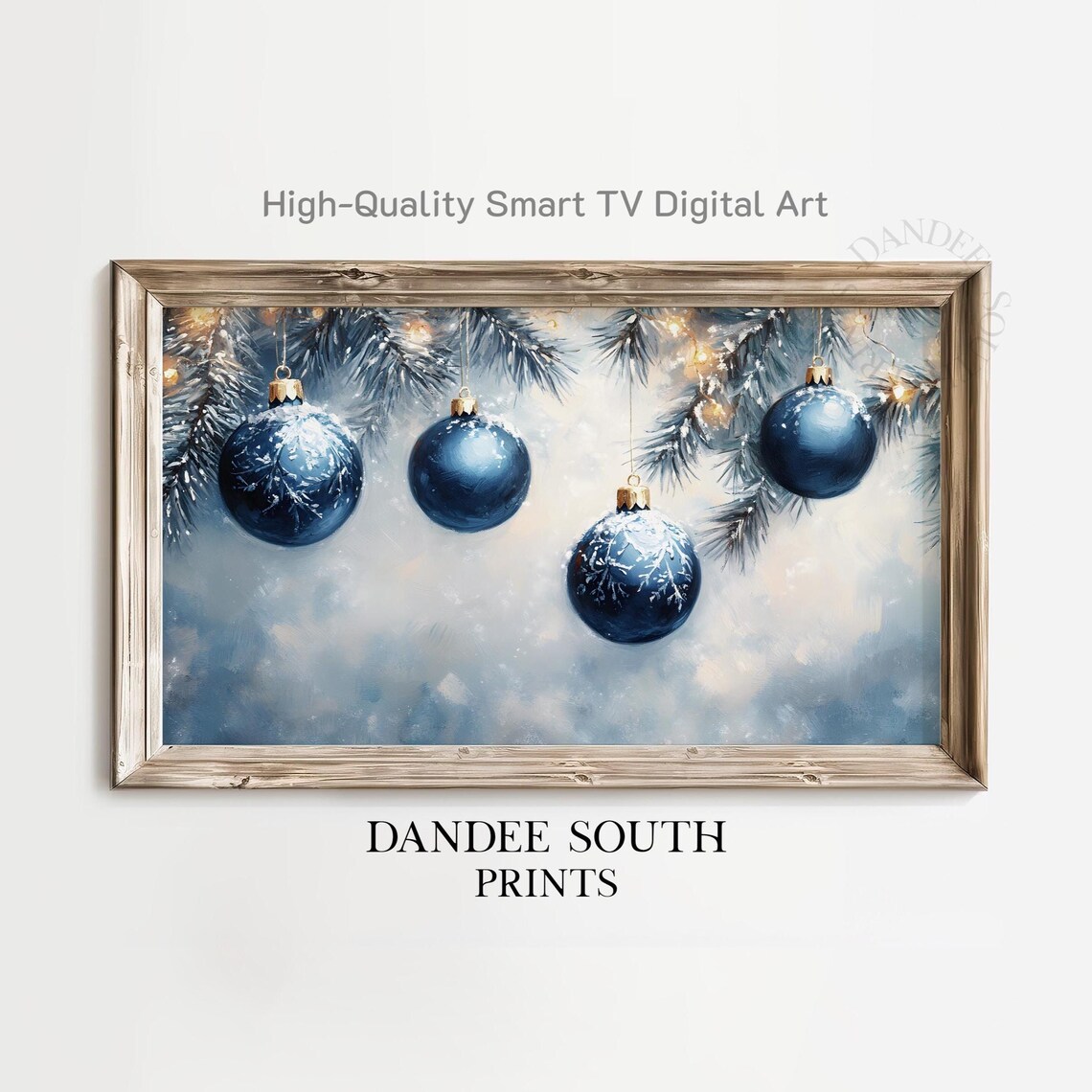 Blue Christmas Ornaments Hanging From Snowy Pine Branches Holiday Print