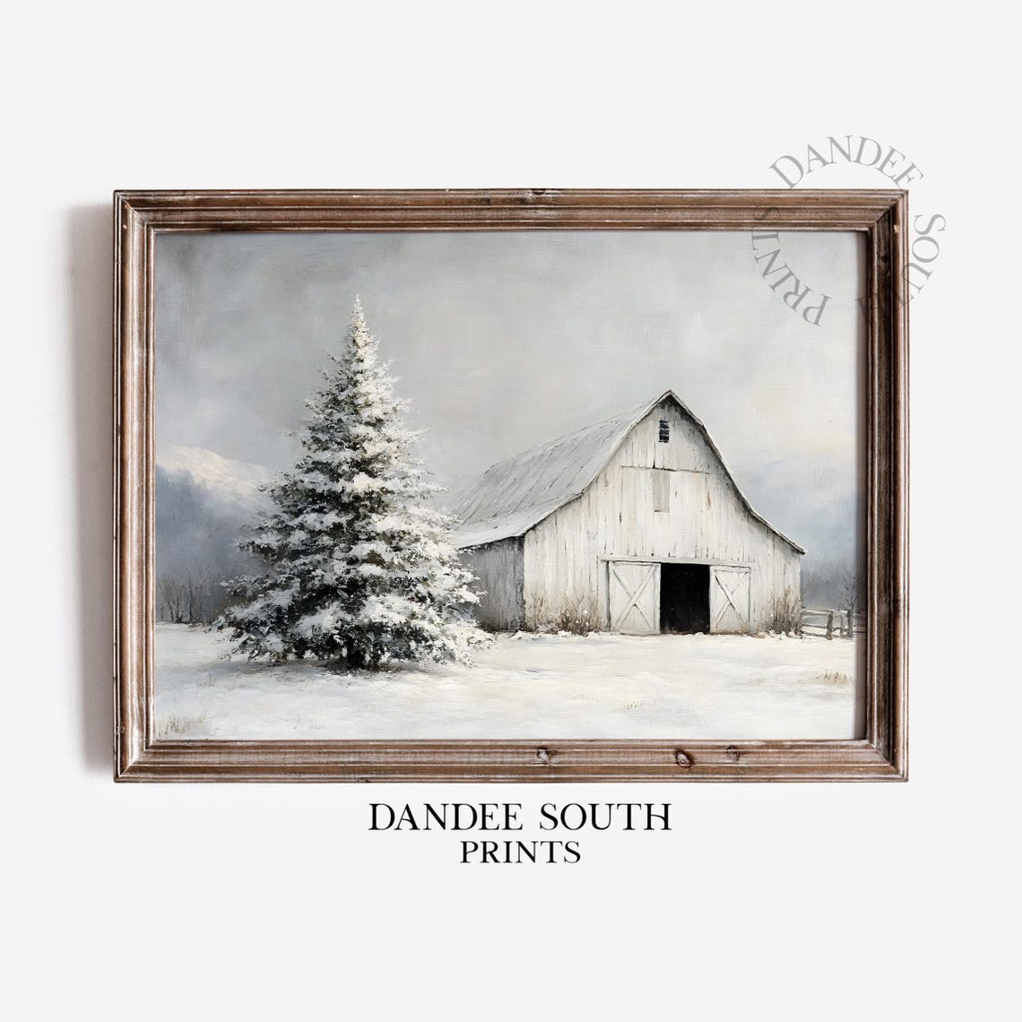 Snowy White Barn and Pine Tree Winter Landscape Farmhouse Art Print